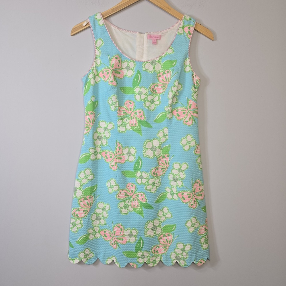 Lilly Pulitzer Nina Shift Dress Butterfly Floral Scalloped Tootie Blue Size 8